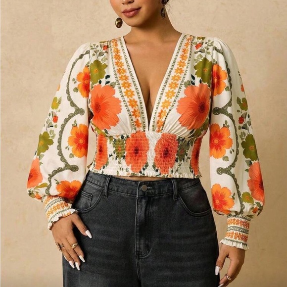 Plus Size Romantic Bohemian Floral Print Long Sleeve Tie Front Blouse Shirt - Picture 7 of 14